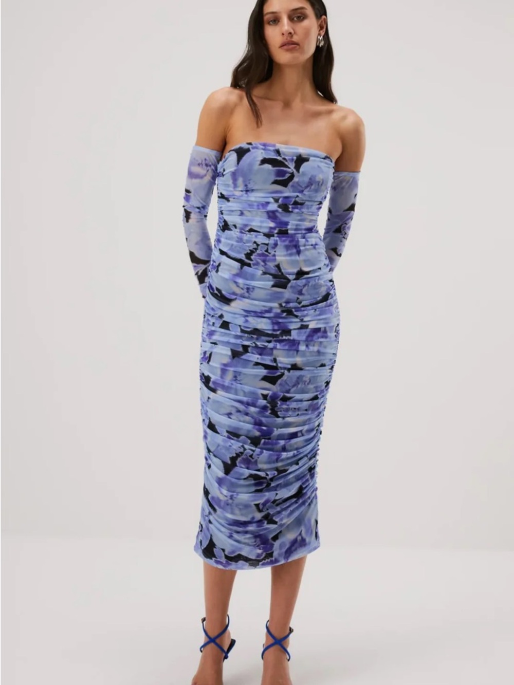 MISHA Cosimo Mesh Midi Dress & Glove Set in a blue watercolor floral print.